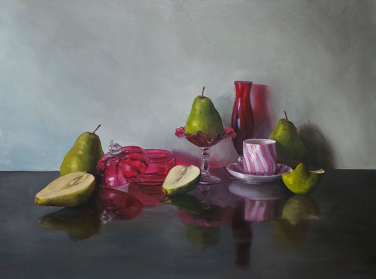 Llael McDonald  "Ruby Glass with Green Pears"